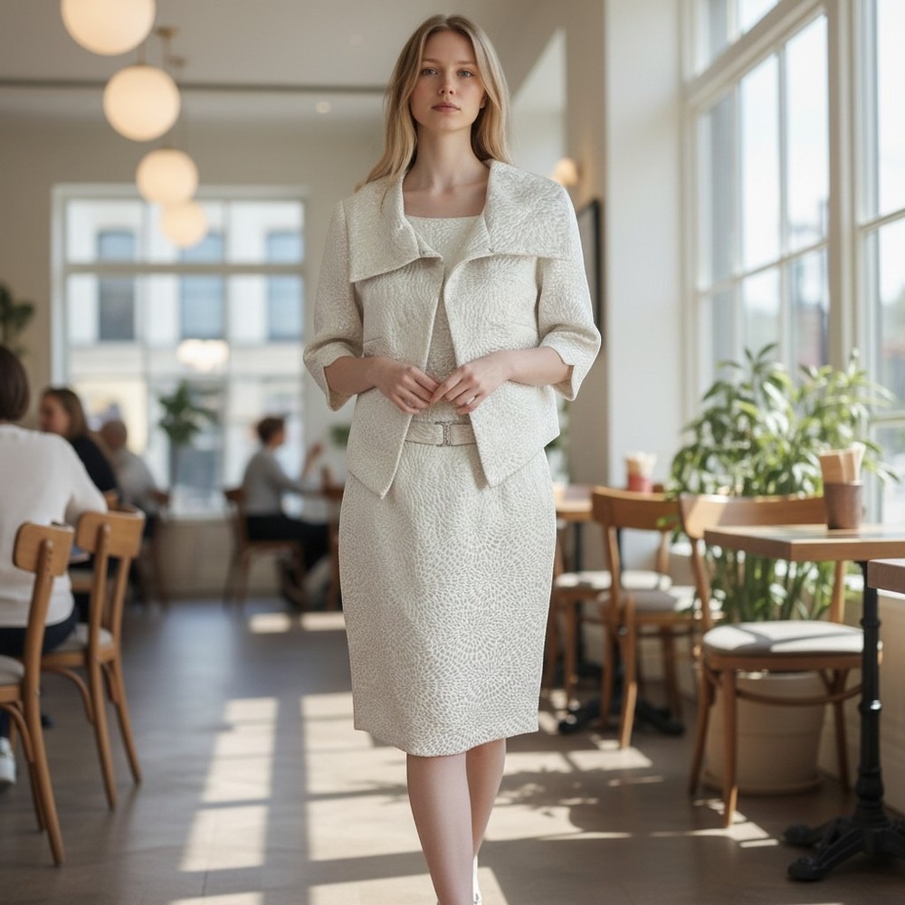 Vintage David's Bridal Jacquard Skirt Suit Set Womens 12 Cream Sheath Dress 2Pc